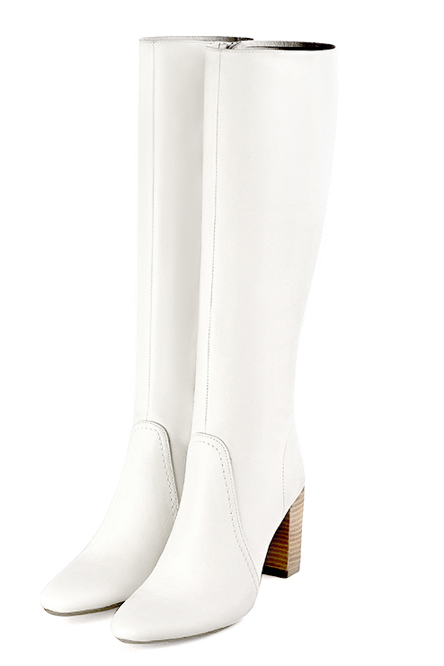 Off white women's feminine knee-high boots. Round toe. High block heels. Made to measure. Front view - Florence KOOIJMAN